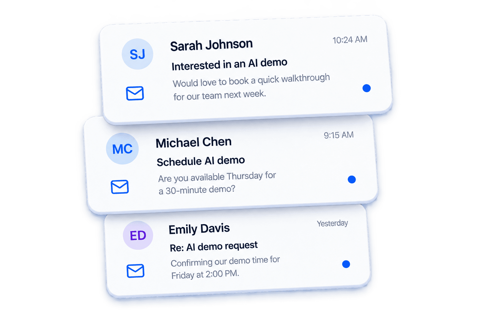 AI-managed inbox showing three demo inquiries